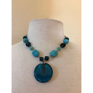 Teal Glass Bead Statement Necklace Turquoise Aqua Silver Tone Pendant